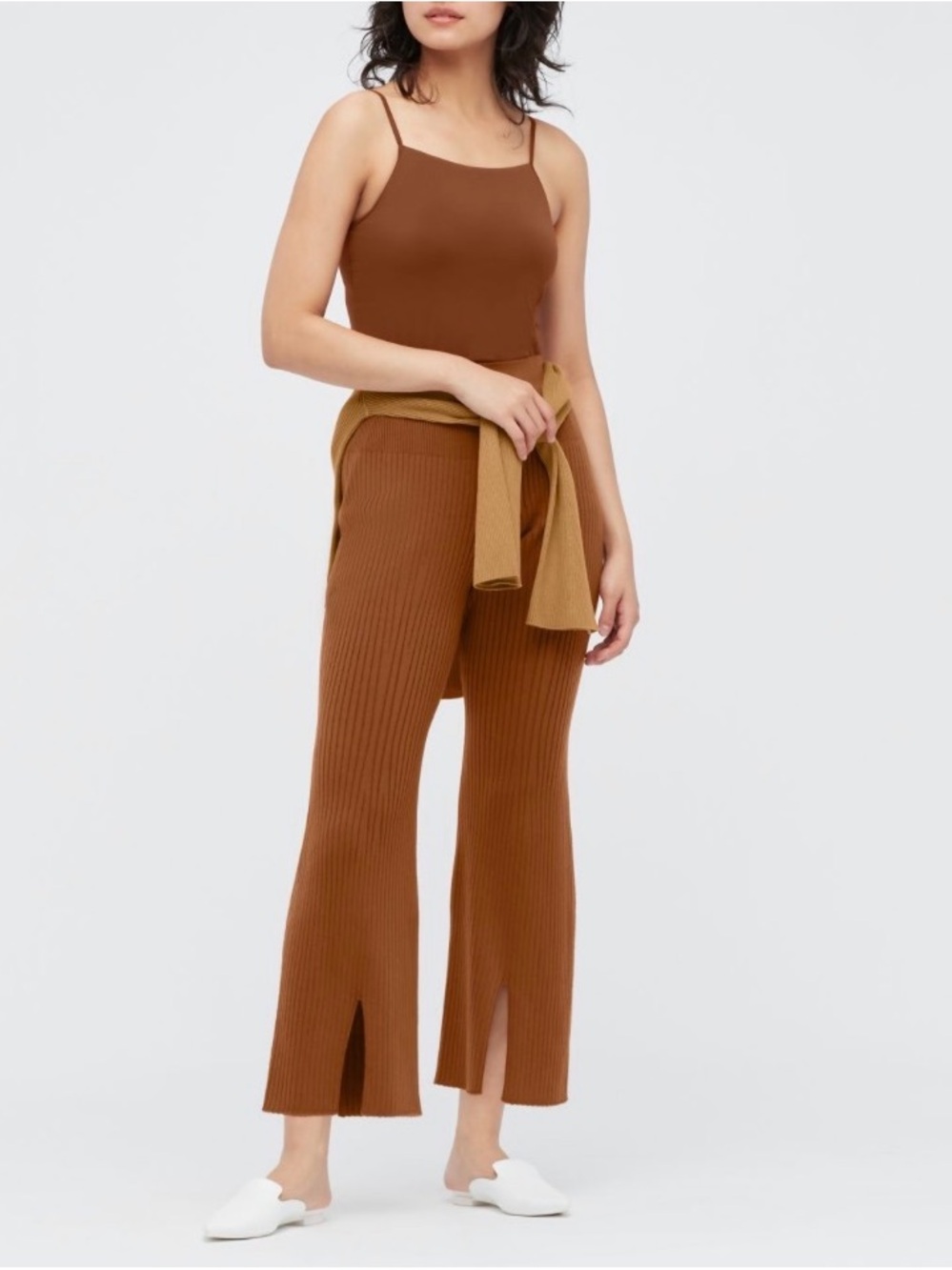Mame Kurogouchi Uniqlo 3D Knit Ribbed Front Slit Wide Leg Crop Pants Brown M